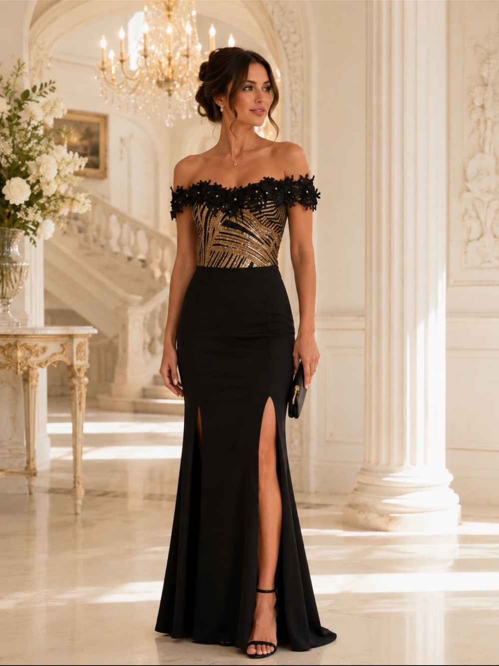 Gorgeous Valentina Black and Gold off the Shoulder Sequin Lace Evening Gown❤️L